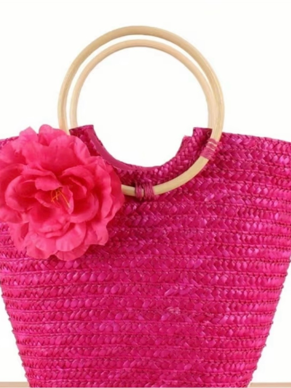 Hot Pink Straw Tote with Flower Accent and Bamboo Handles